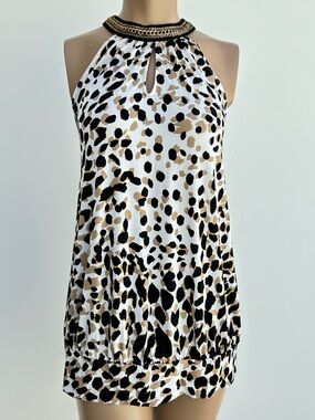 Lane Bryant White Black & Tan Animal Print Chain Accent Halter Top